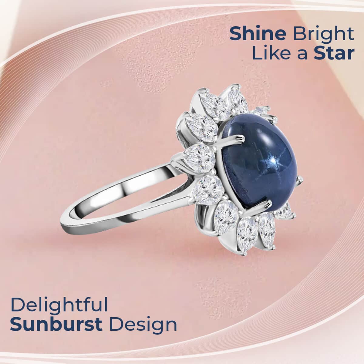 Blue Star Sapphire Ring, Moissanite Halo Ring, Sunburst Halo Ring, Platinum Over Sterling Silver Ring 7.15 ctw image number 1