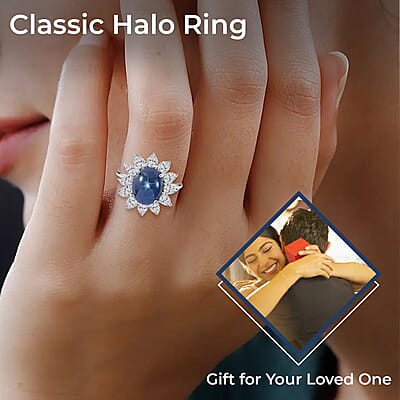 Blue Star Sapphire Ring, Moissanite Halo Ring, Sunburst Halo Ring, Platinum Over Sterling Silver Ring 7.15 ctw