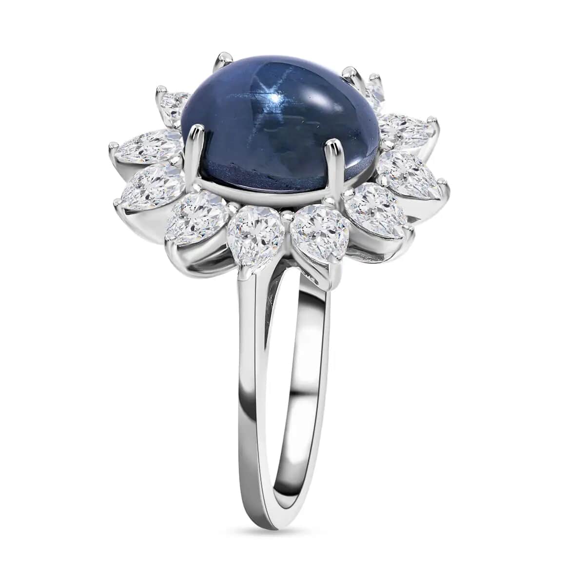 Blue Star Sapphire Ring, Moissanite Halo Ring, Sunburst Halo Ring, Platinum Over Sterling Silver Ring 7.15 ctw image number 3