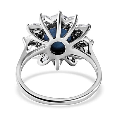 Blue Star Sapphire Ring, Moissanite Halo Ring, Sunburst Halo Ring, Platinum Over Sterling Silver Ring 7.15 ctw