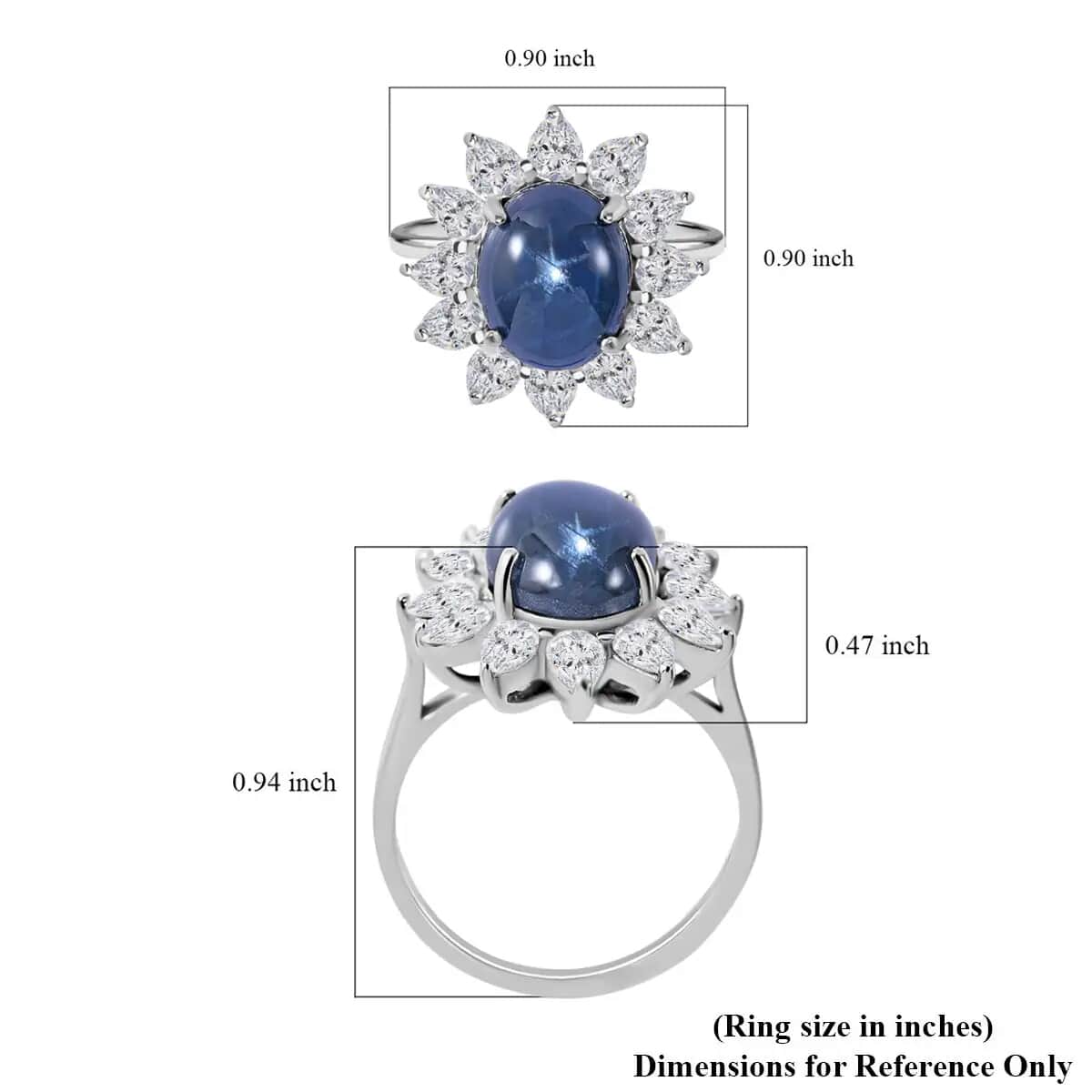 Blue Star Sapphire Ring, Moissanite Halo Ring, Sunburst Halo Ring, Platinum Over Sterling Silver Ring 7.15 ctw image number 6