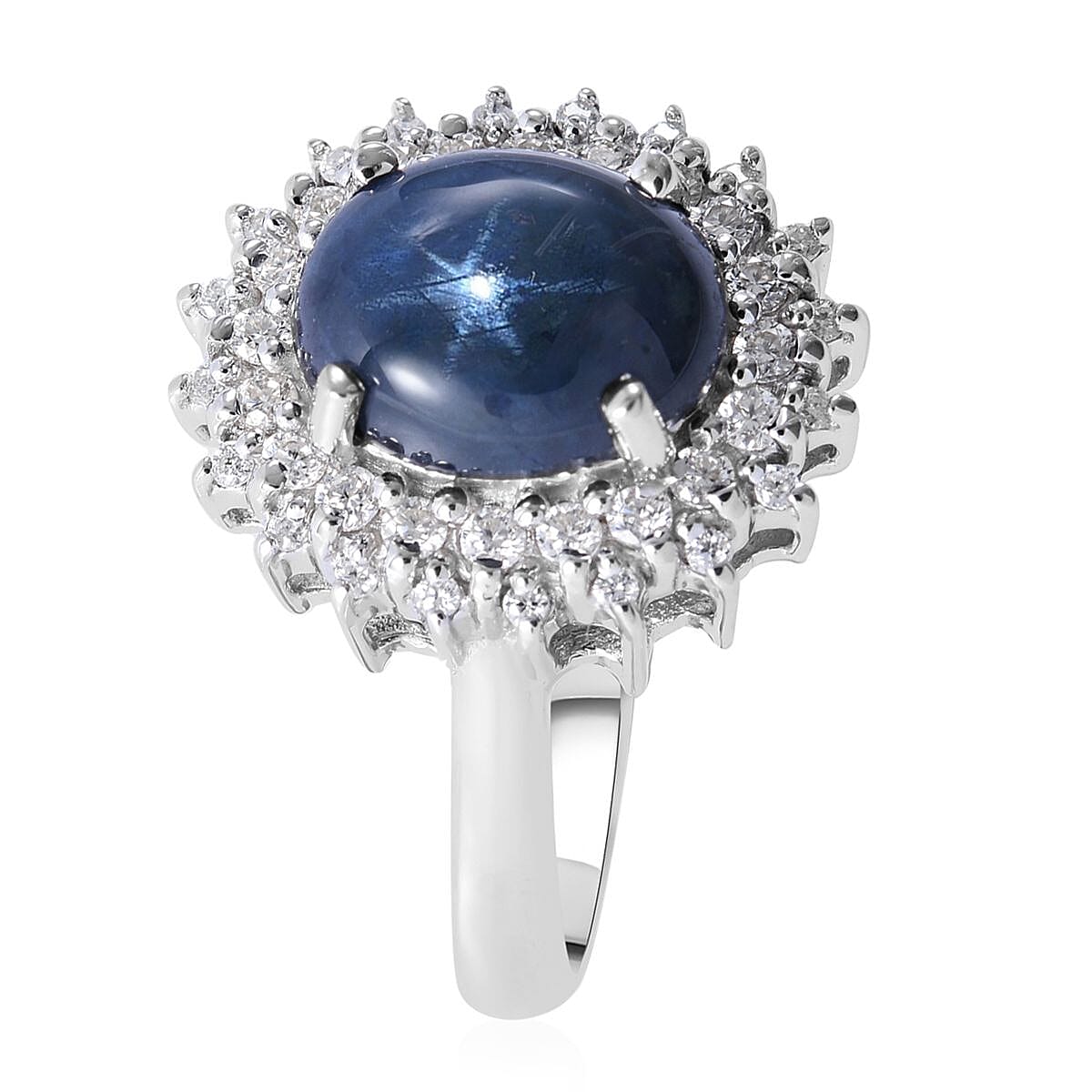 Blue Star Sapphire (DF) and Moissanite Double Halo Ring in Platinum Over Sterling Silver (Size 10.0) 4.75 ctw