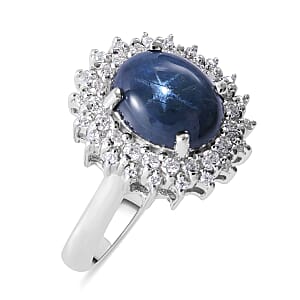 Blue Star Sapphire (DF) and Moissanite Double Halo Ring in Platinum Over Sterling Silver (Size 6.0) 4.75 ctw