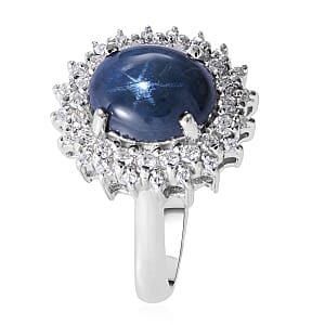 Blue Star Sapphire (DF) and Moissanite Double Halo Ring in Platinum Over Sterling Silver (Size 6.0) 4.75 ctw