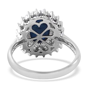 Blue Star Sapphire (DF) and Moissanite Double Halo Ring in Platinum Over Sterling Silver (Size 6.0) 4.75 ctw