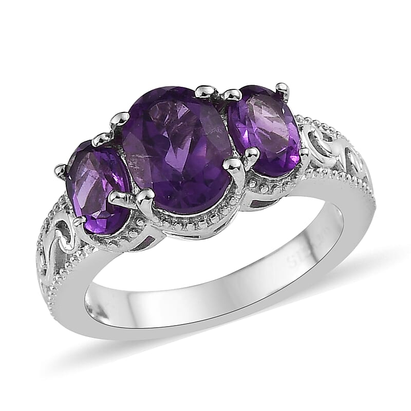 Karis Amethyst 3 Stone Ring in Platinum Bond (Size 10.0) 2.00 ctw