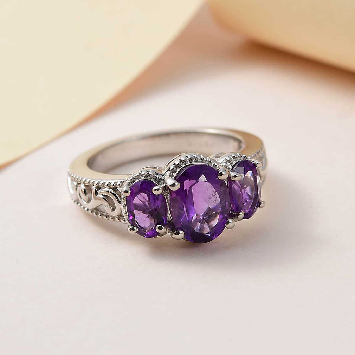 KARIS Amethyst 3 Stone Ring in Platinum Bond (Size 10.0) 2.00 ctw image number 1