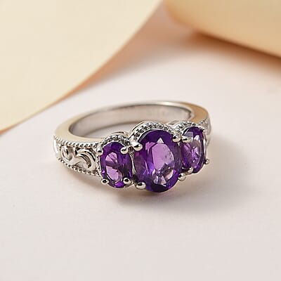 Karis Amethyst 3 Stone Ring in Platinum Bond (Size 10.0) 2.00 ctw