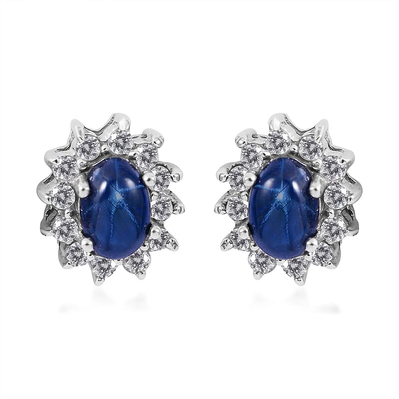 Blue Star Sapphire (DF) and White Zircon Sunburst Earrings in Platinum Over Sterling Silver 2.10 ctw