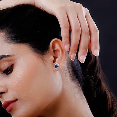 Blue Star Sapphire (DF) and White Zircon Sunburst Earrings in Platinum Over Sterling Silver 2.10 ctw