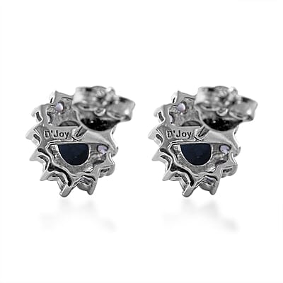 Blue Star Sapphire (DF) and White Zircon Sunburst Earrings in Platinum Over Sterling Silver 2.10 ctw