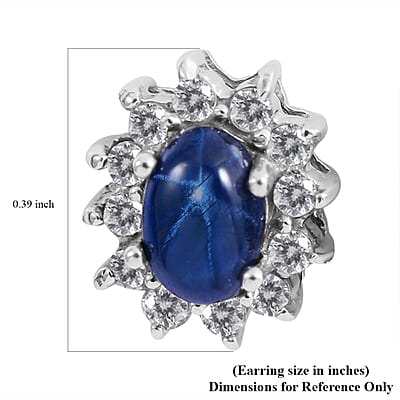 Blue Star Sapphire (DF) and White Zircon Sunburst Earrings in Platinum Over Sterling Silver 2.10 ctw