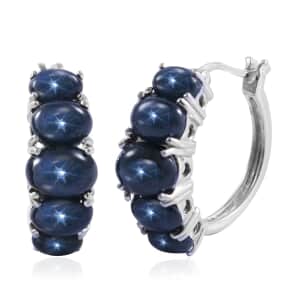 Blue Star Sapphire (DF) Hoop Earrings in Platinum Over Sterling Silver 12.85 ctw