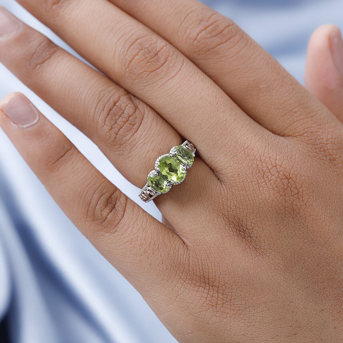 Karis Peridot 3 Stone Ring in Platinum Bond (Size 10) 2.20 ctw image number 2