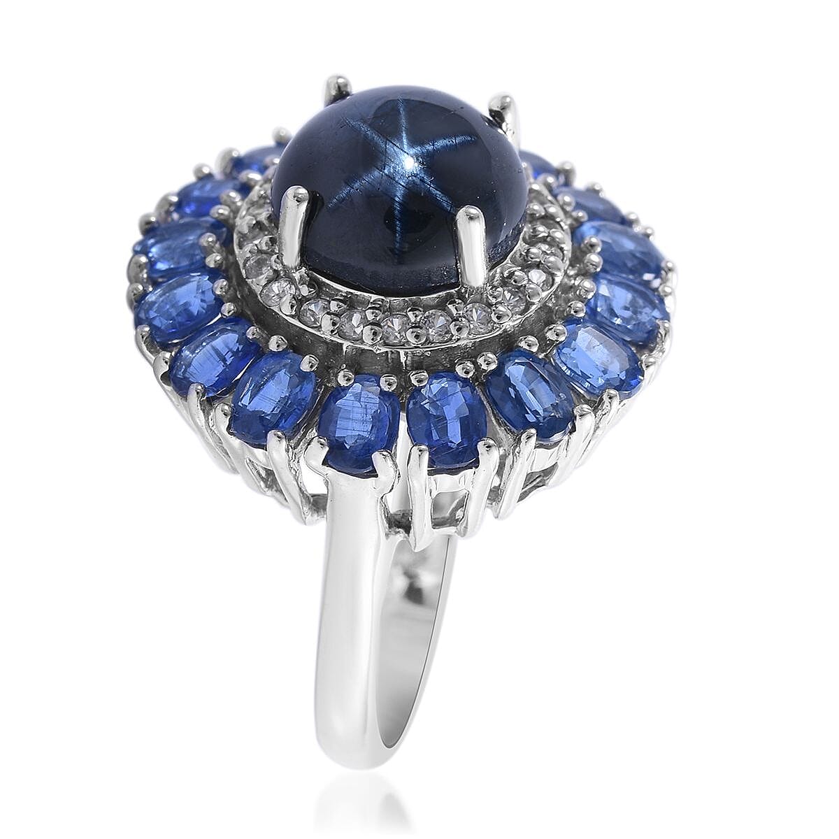 Thai Blue Star Sapphire, Multi Gemstone Floral Ring in Platinum Over Sterling Silver (Delivery in 3-5 Business Days) 9.15 ctw image number 2