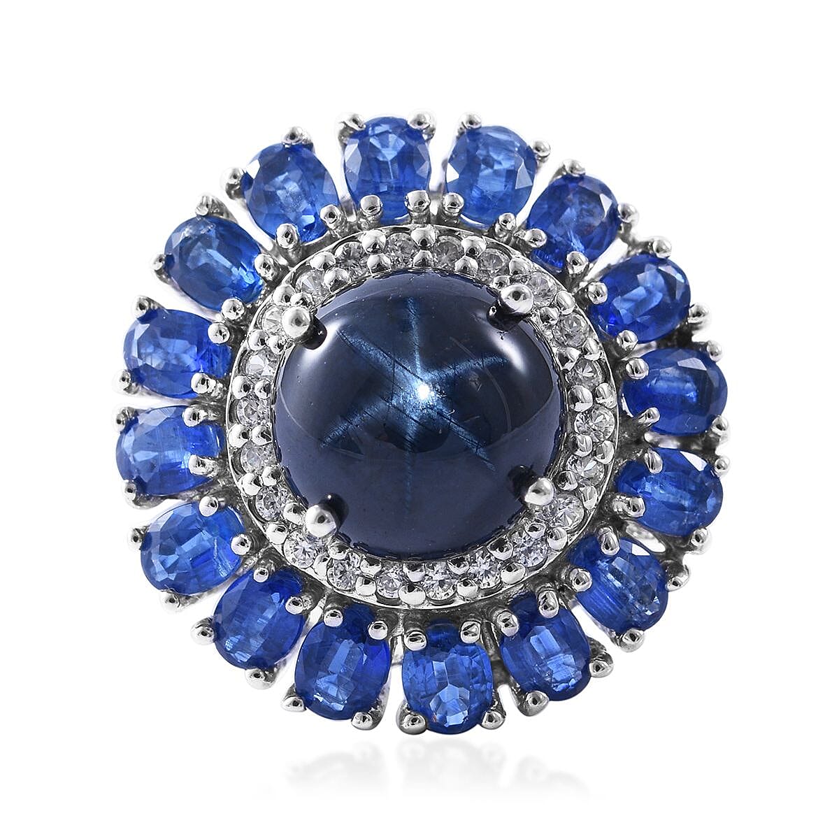 Blue Star Sapphire(DF) and Multi Gemstone Floral Ring in Platinum Over Sterling Silver (Size 7.0) 9.15 ctw image number 0