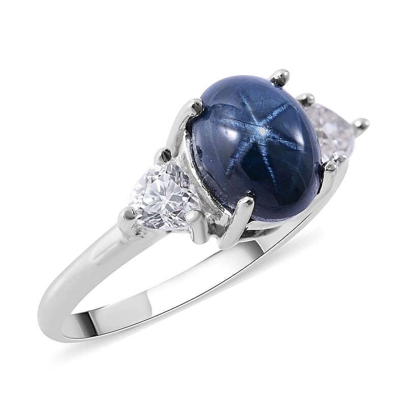Blue Star Sapphire (DF) and White Zircon Ring in Platinum Over Sterling Silver (Size 10.0) 3.50 ctw