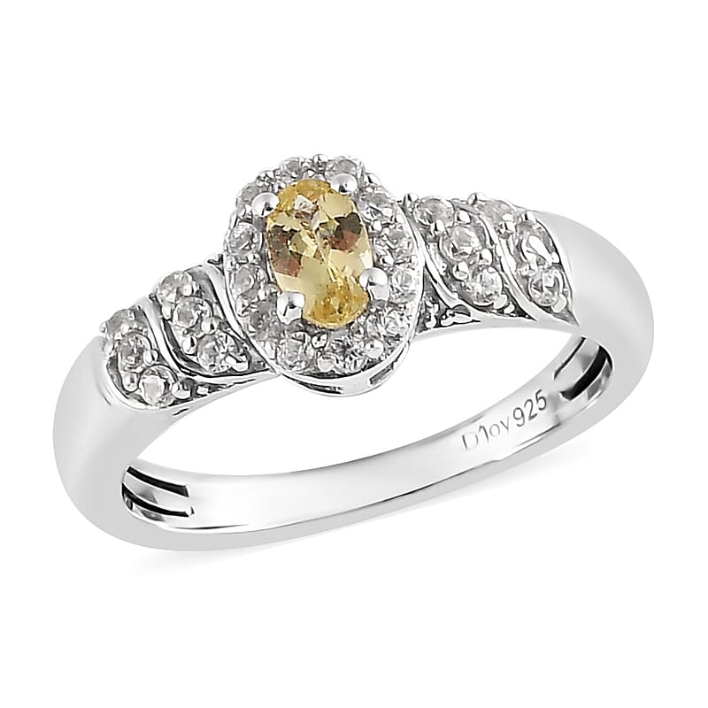 Brazilian Golden Apatite and White Zircon Halo Ring in Platinum Over Sterling Silver (Size 10.0) 0.50 ctw