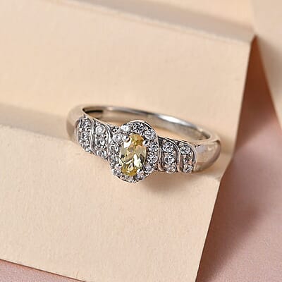 Brazilian Golden Apatite and White Zircon Halo Ring in Platinum Over Sterling Silver (Size 10.0) 0.50 ctw