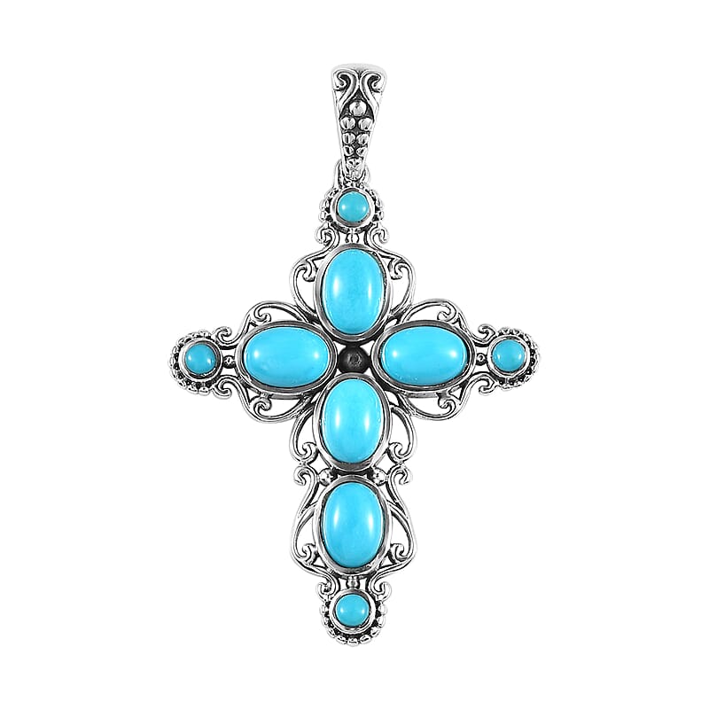 Artisan Crafted Sleeping Beauty Turquoise Cross Pendant in Sterling Silver 3.85 ctw