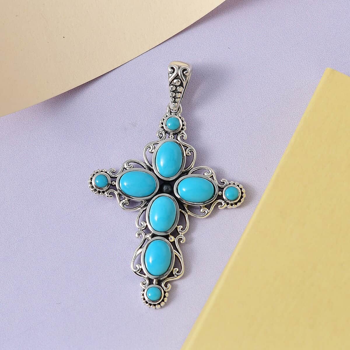 Artisan Crafted Sleeping Beauty Turquoise Cross Pendant in Sterling Silver 3.85 ctw image number 1