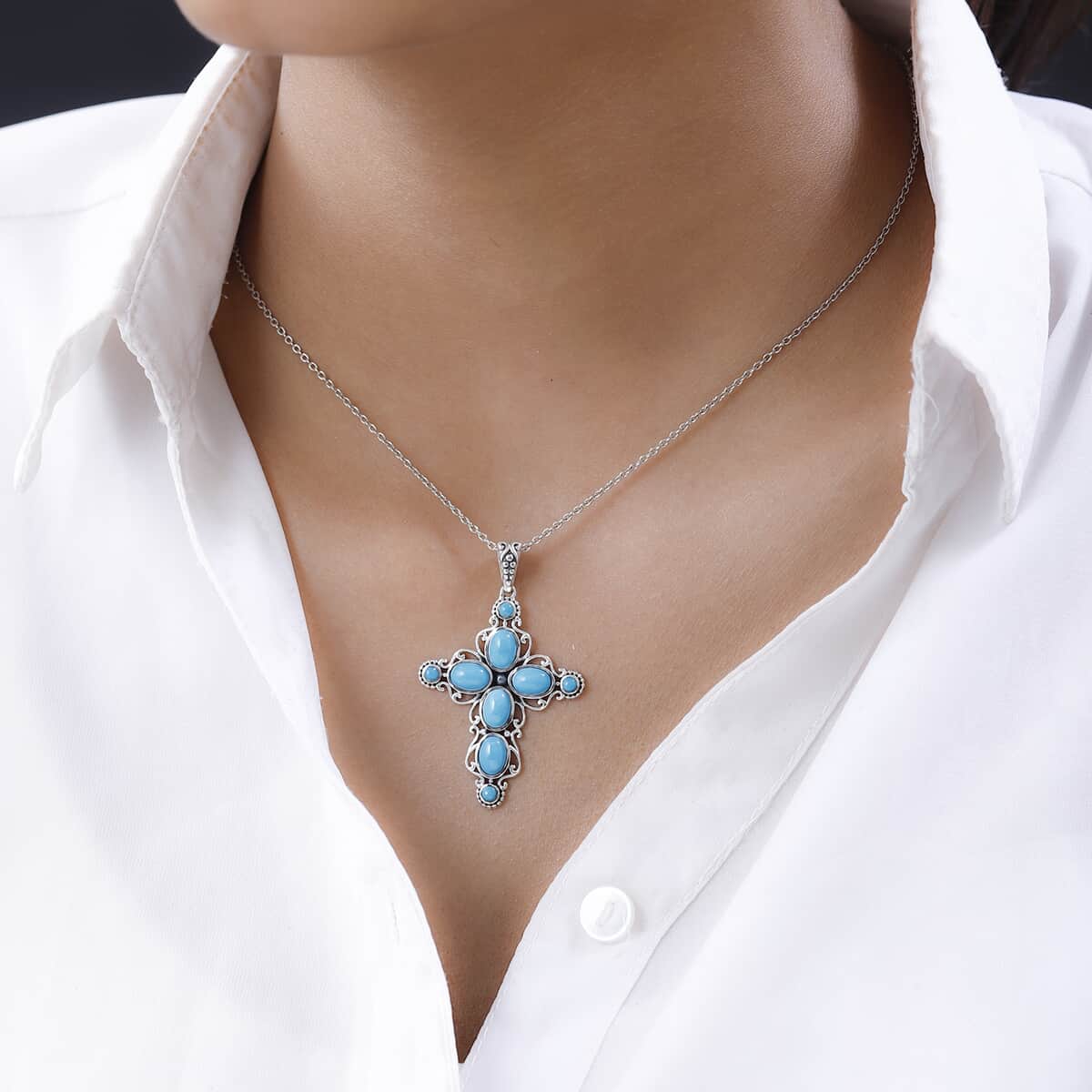 Artisan Crafted Sleeping Beauty Turquoise Cross Pendant in Sterling Silver 3.85 ctw image number 2