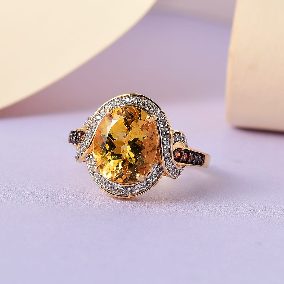 Brazilian Golden Apatite, Natural White and Coffee Zircon Ring in Vermeil Yellow Gold Over Sterling Silver (Size 10.0) 4.50 ctw image number 1