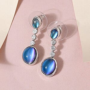 Aurora Moonstone (D) and Natural White Zircon Dangling Earrings in Platinum Over Sterling Silver 4.10 ctw