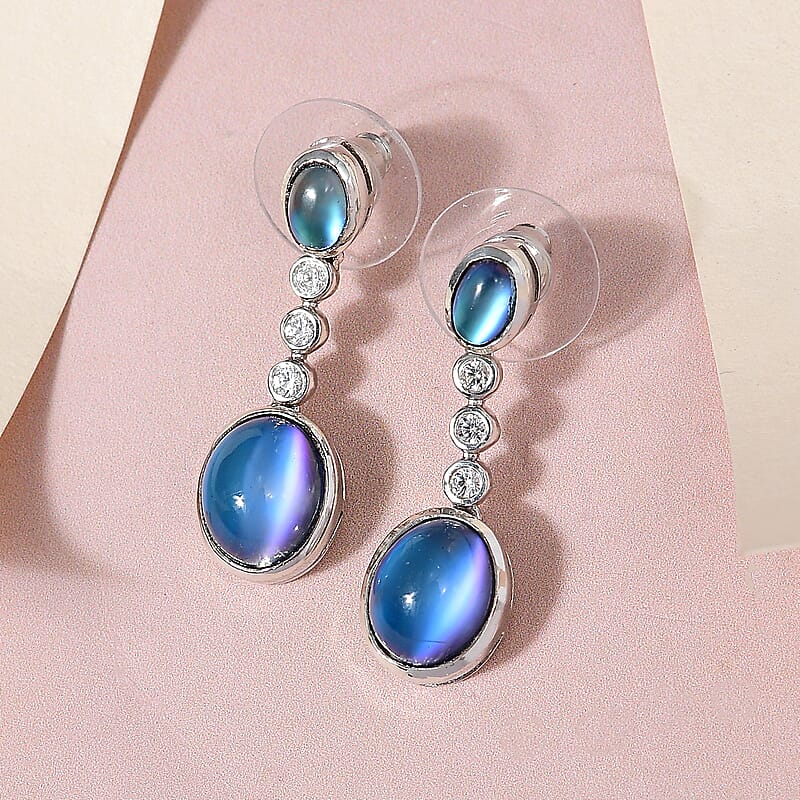Aurora Moonstone (D) and White Zircon Dangling Earrings in Platinum Over Sterling Silver 4.10 ctw