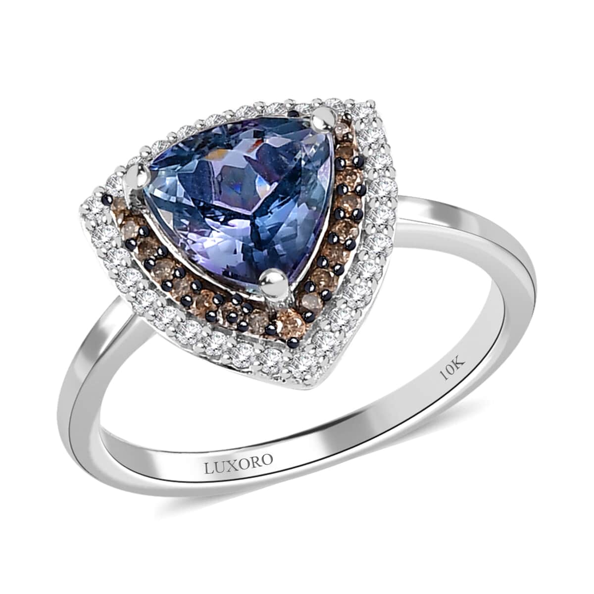 Luxoro 10K White Gold Premium Peacock Tanzanite, Natural Champagne and White Diamond Double Halo Ring (Size 6.0) 2.00 ctw image number 0