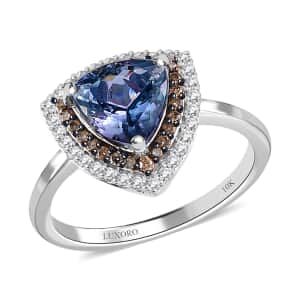 Luxoro 10K White Gold Premium Peacock Tanzanite, Natural Champagne and White Diamond Double Halo Ring (Size 6.0) 2.00 ctw