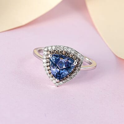 Luxoro 10K White Gold Premium Peacock Tanzanite, Natural Champagne and White Diamond Double Halo Ring (Size 6.0) 2.00 ctw