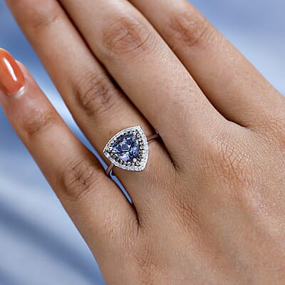 Luxoro 10K White Gold Premium Peacock Tanzanite, Natural Champagne and White Diamond Double Halo Ring (Size 6.0) 2.00 ctw