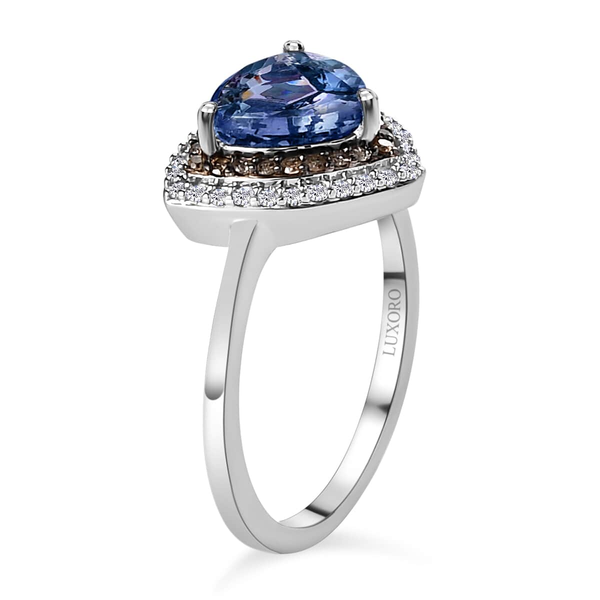 Luxoro 10K White Gold Premium Peacock Tanzanite, Natural Champagne and White Diamond Double Halo Ring (Size 7.0) 2.00 ctw image number 3