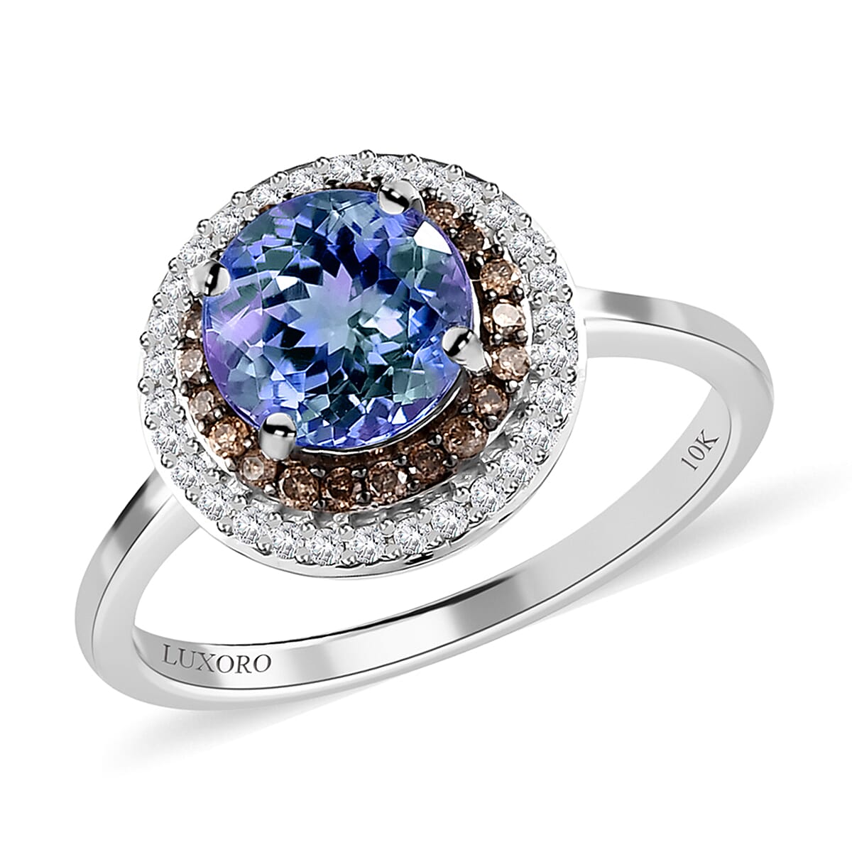 LUXORO 10K White Gold Premium Peacock Tanzanite and Natural Champagne and White Diamond Double Halo Ring 2.50 Grams 1.75 ctw image number 0