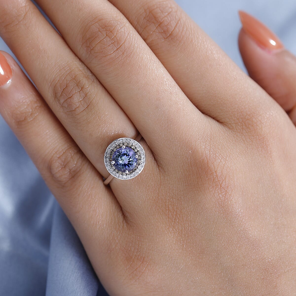 LUXORO 10K White Gold Premium Peacock Tanzanite and Natural Champagne and White Diamond Double Halo Ring 2.50 Grams 1.75 ctw image number 2