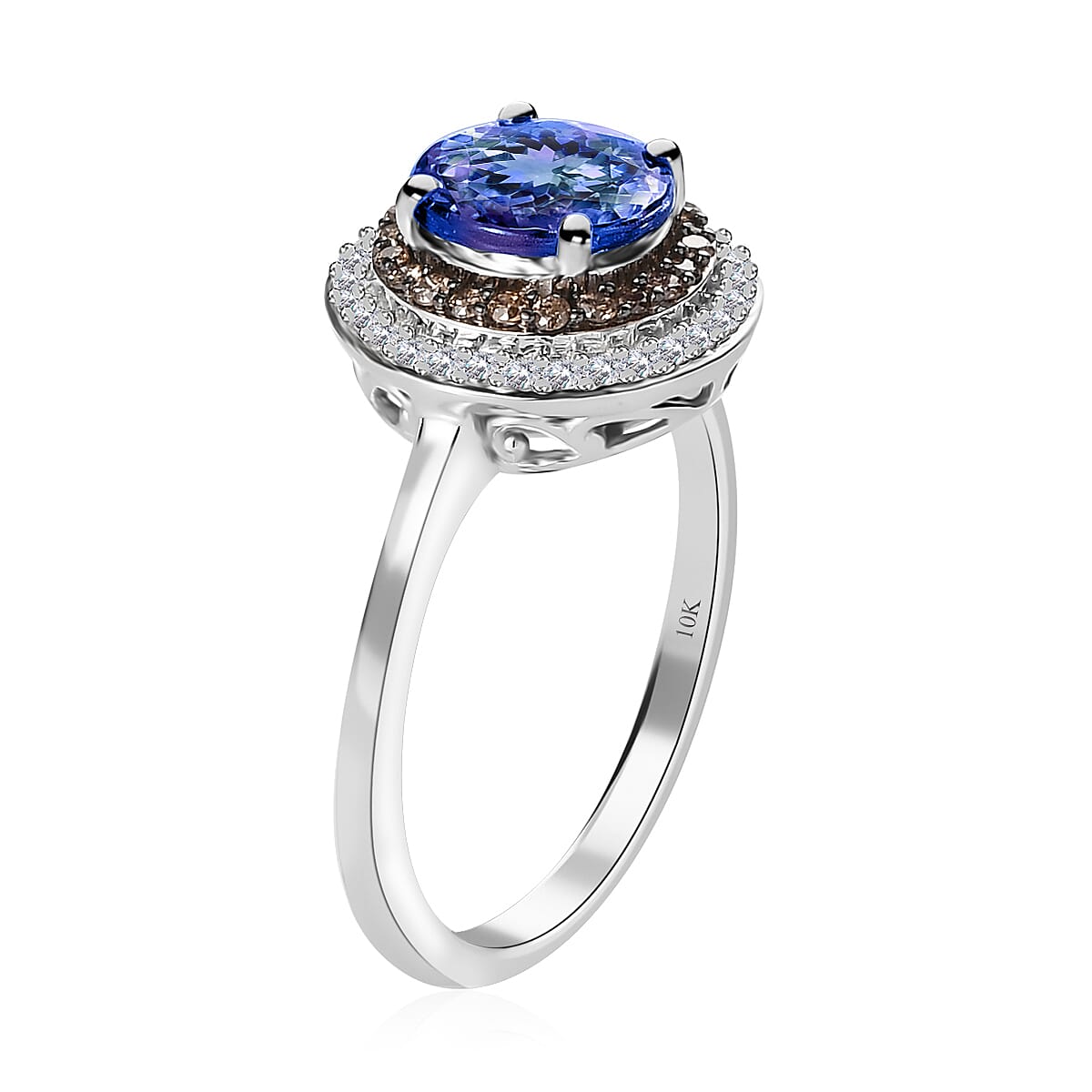 LUXORO 10K White Gold Premium Peacock Tanzanite and Natural Champagne and White Diamond Double Halo Ring 2.50 Grams 1.75 ctw image number 3