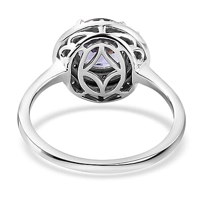 Luxoro 10K White Gold Premium Peacock Tanzanite and Natural Champagne and White Diamond Double Halo Ring (Size 6.0) 1.75 ctw