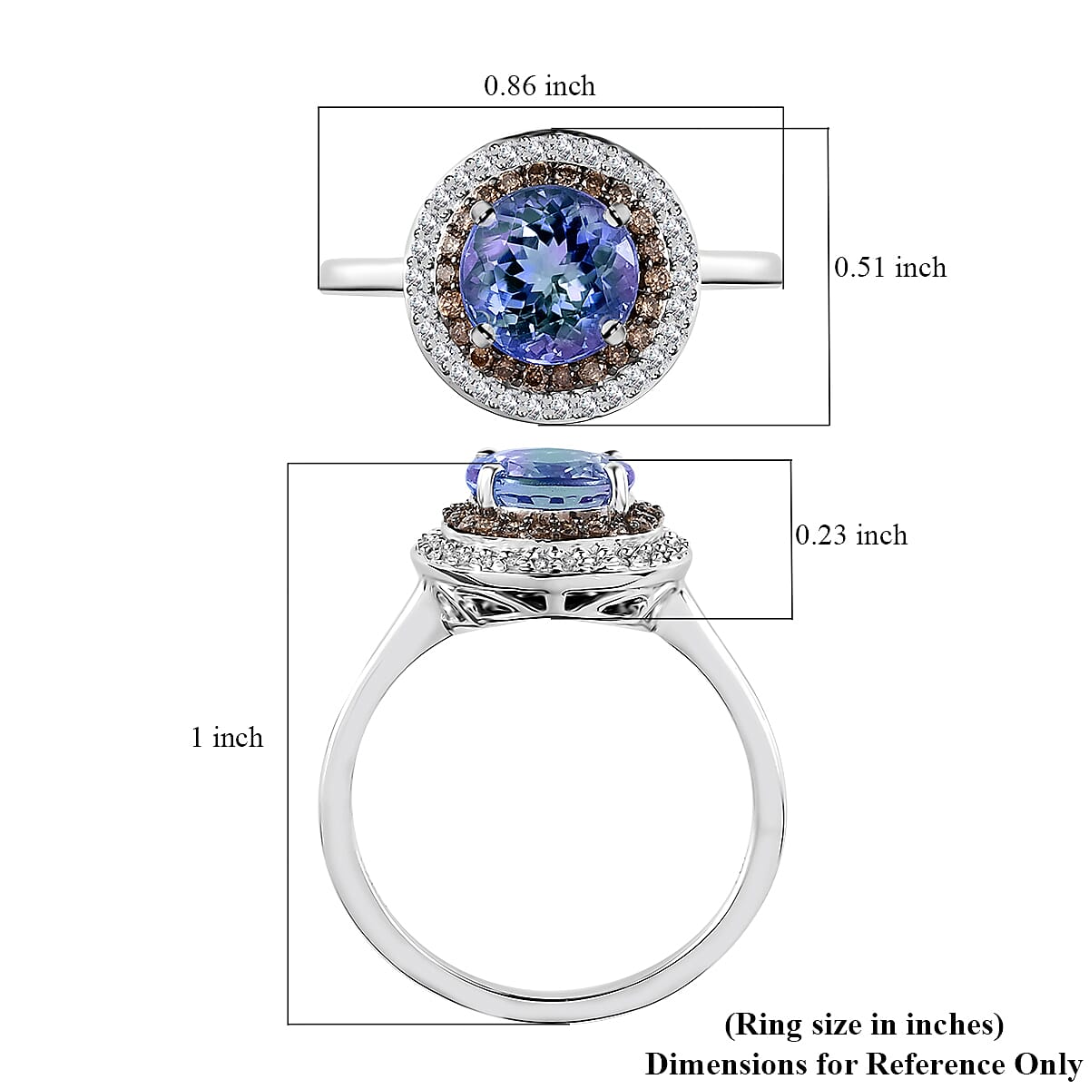 LUXORO 10K White Gold Premium Peacock Tanzanite and Natural Champagne and White Diamond Double Halo Ring 2.50 Grams 1.75 ctw image number 5