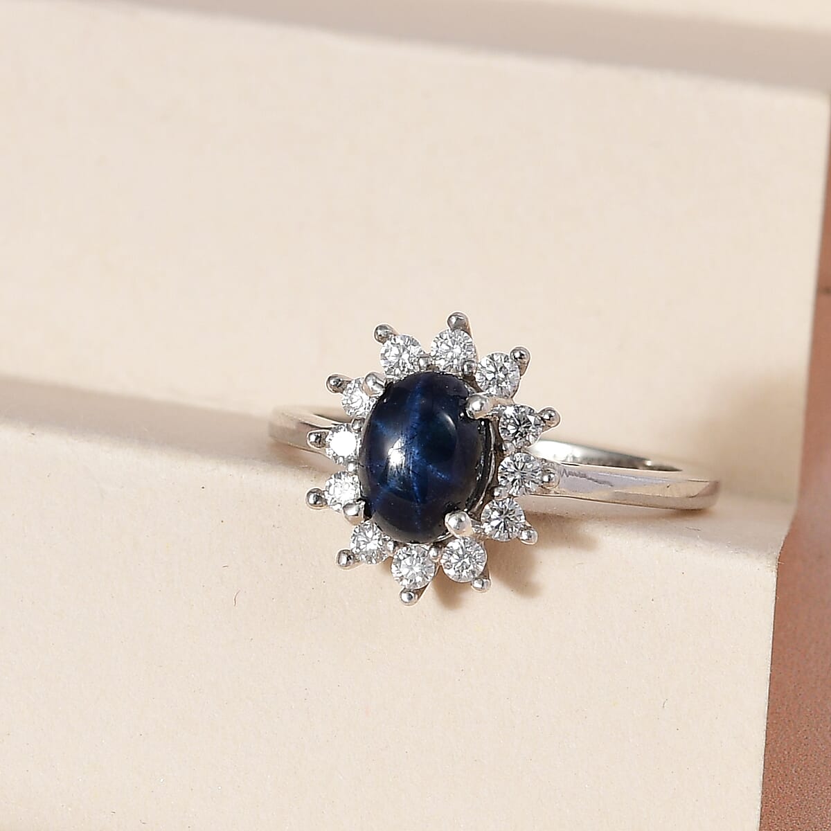 Thai Blue Star Sapphire, Moissanite Sunburst Ring in Platinum Over Sterling Silver (Delivery in 7-10 Business Days) 1.55 ctw image number 1