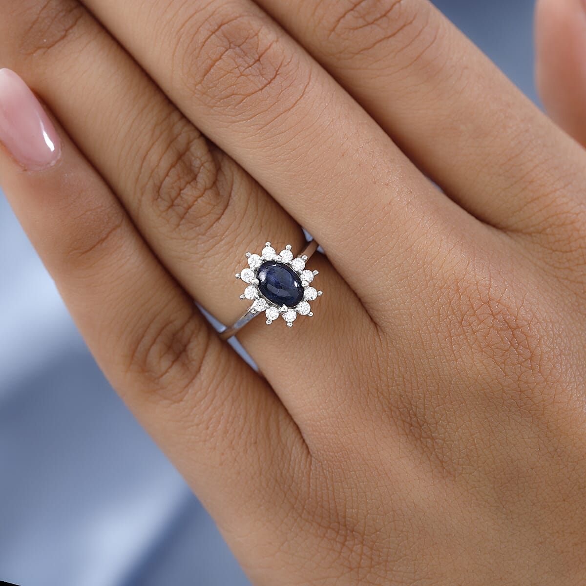 Thai Blue Star Sapphire, Moissanite Sunburst Ring in Platinum Over Sterling Silver (Delivery in 7-10 Business Days) 1.55 ctw image number 2
