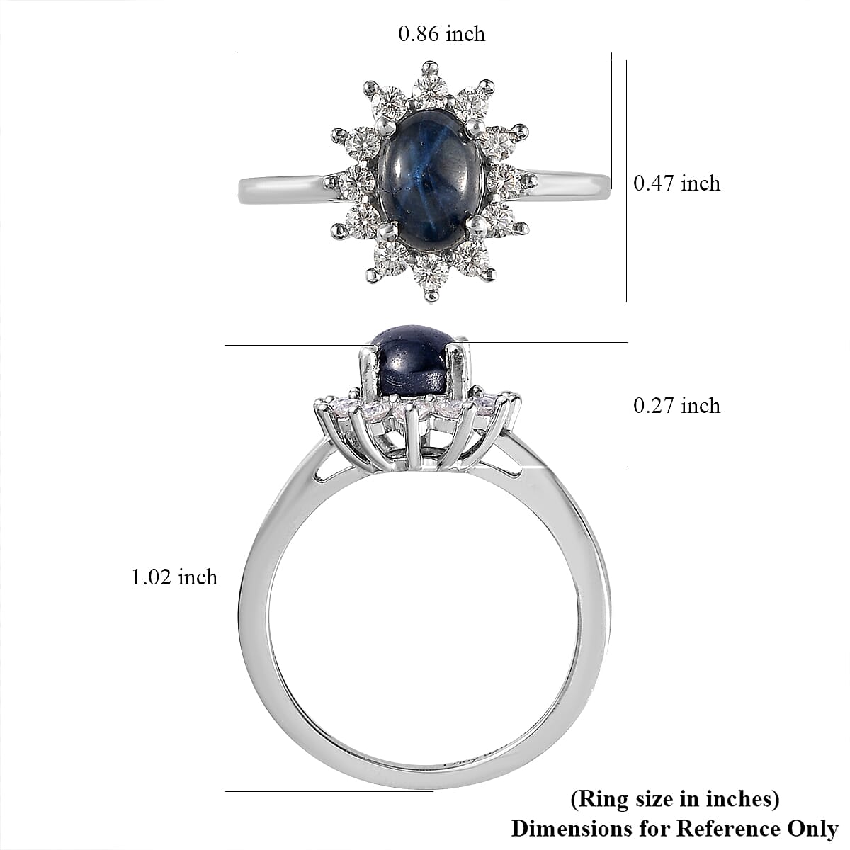 Thai Blue Star Sapphire, Moissanite Sunburst Ring in Platinum Over Sterling Silver (Delivery in 7-10 Business Days) 1.55 ctw image number 5