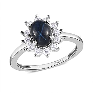 Blue Star Sapphire(DF) and Moissanite Sunburst Ring in Platinum Over Sterling Silver (Size 8.0) 1.55 ctw