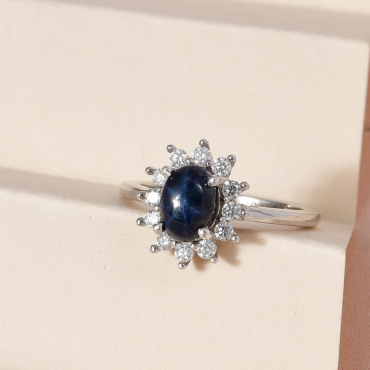 Blue Star Sapphire(DF) and Moissanite Sunburst Ring in Platinum Over Sterling Silver (Size 8.0) 1.55 ctw image number 1