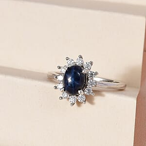 Blue Star Sapphire(DF) and Moissanite Sunburst Ring in Platinum Over Sterling Silver (Size 8.0) 1.55 ctw
