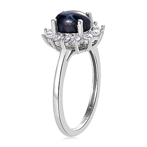 Blue Star Sapphire(DF) and Moissanite Sunburst Ring in Platinum Over Sterling Silver (Size 8.0) 1.55 ctw