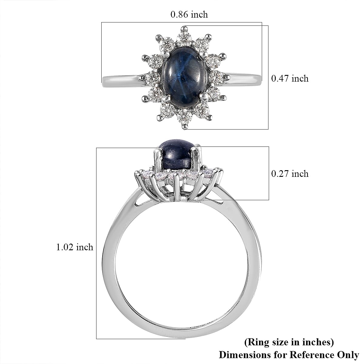 Blue Star Sapphire(DF) and Moissanite Sunburst Ring in Platinum Over Sterling Silver (Size 8.0) 1.55 ctw image number 5