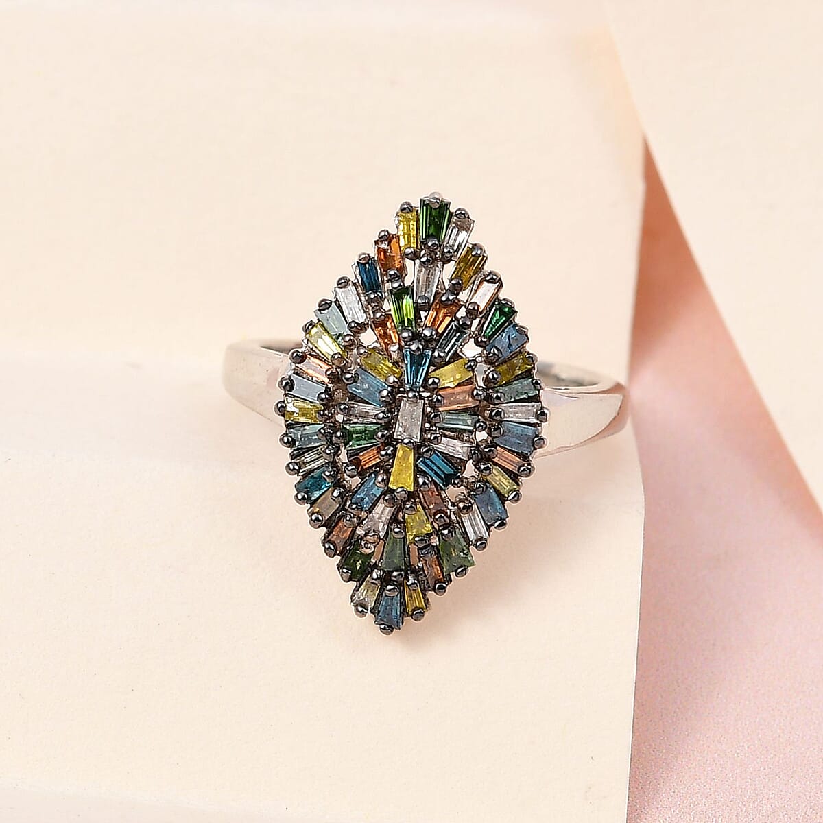 Multi Color Diamond Sparkle Ring in Rhodium and Platinum Over Sterling Silver (Size 8.0) 1.00 ctw image number 1