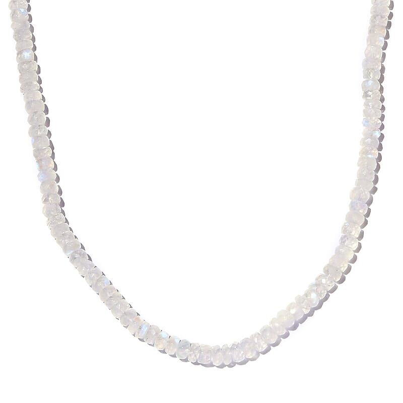 Premium Rainbow Moonstone Beaded Necklace 18 Inches in Rhodium Over Sterling Silver 100.00 ctw