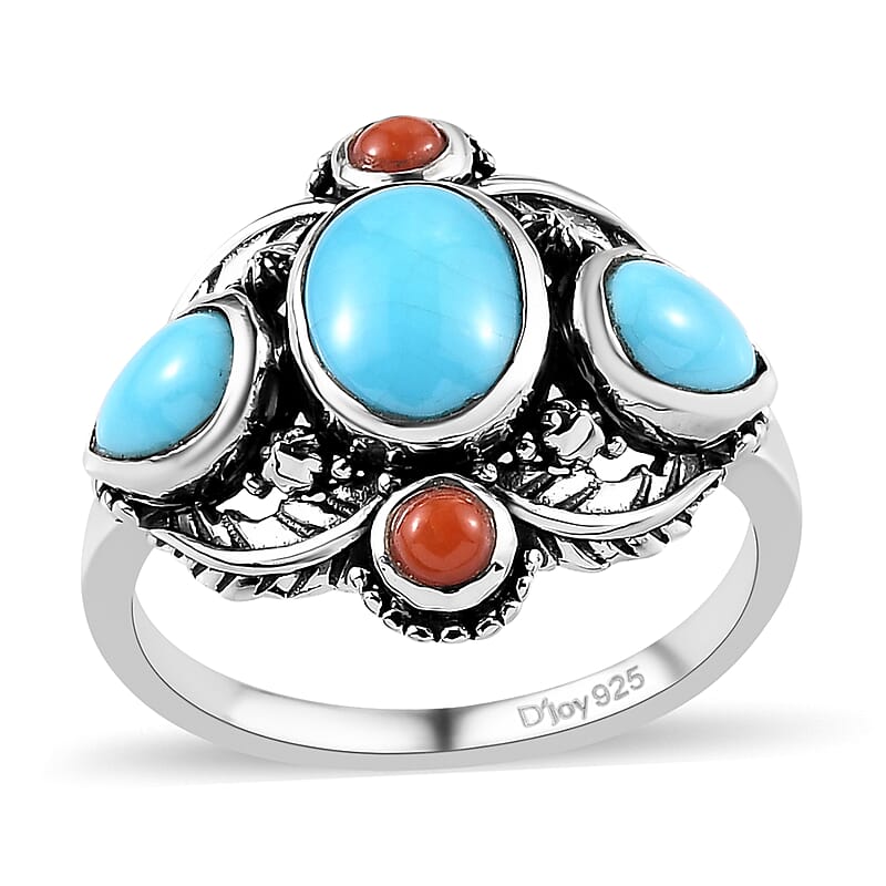 Artisan Crafted Sleeping Beauty Turquoise and Mediterranean Coral Ring in Sterling Silver (Size 10.0) 3.00 ctw